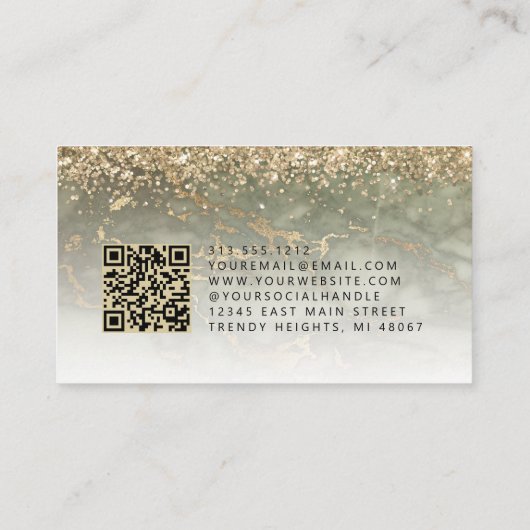 Carte De Visite Olive Green Gold Marble Eyes QR Code Microblading (Dos)