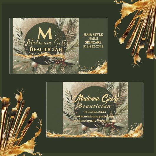 Carte De Visite Olive Green Gold Monogramme Beauticier Professiona