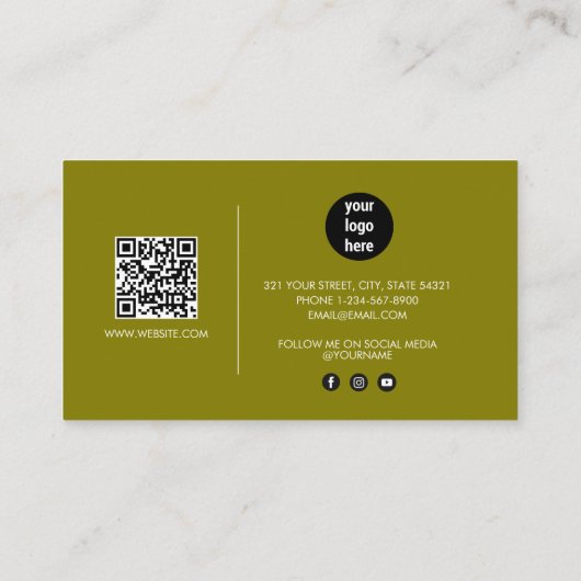 Carte De Visite Olive Green Signature Script QR Code Médias sociau (Dos)
