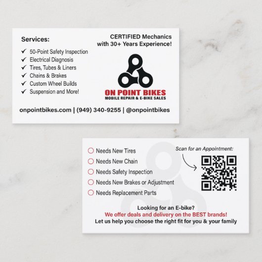 Carte De Visite On Point Bikes Custom Design (Devant / Derrière)