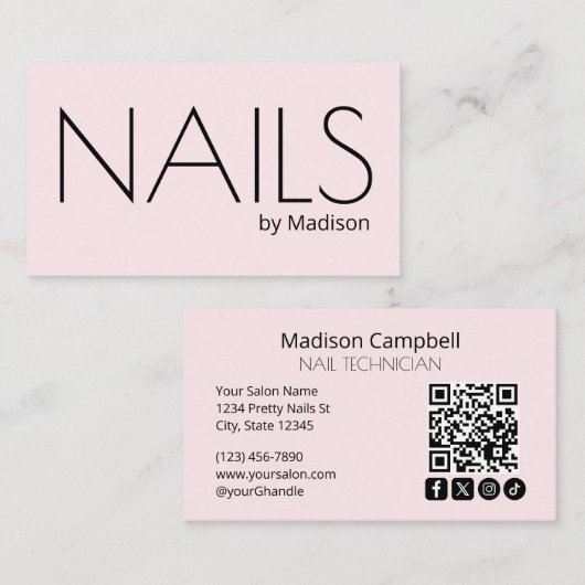 Carte De Visite Ongles Code QR d'Icône Sociale Moderne Rose Pâle (Devant / Derrière)