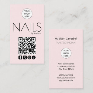 Carte De Visite Ongles Code QR Icône Sociale Moderne Rose Pâle