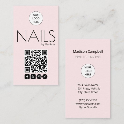 Carte De Visite Ongles Code QR Icône Sociale Moderne Rose Pâle (Devant / Derrière)