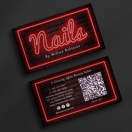 Carte De Visite Ongles Manucureuse Mur Brique et Néon Rouge Code Q