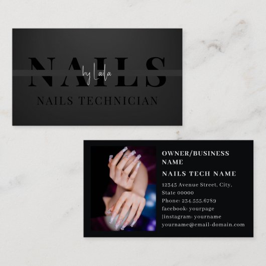 Carte De Visite Ongles minimalistes en noir blanc (Devant / Derrière)