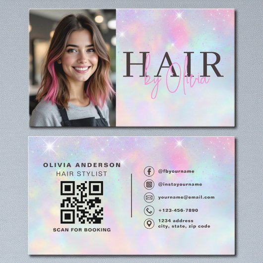 Carte De Visite Opal Glitter Hair Stylist Photo QR Code 