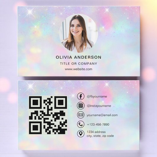 Carte De Visite Opal Glitter Photo with QR Code Social Media