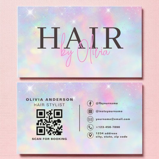 Carte De Visite Opal Glitter QR Code Hair Stylist Modern