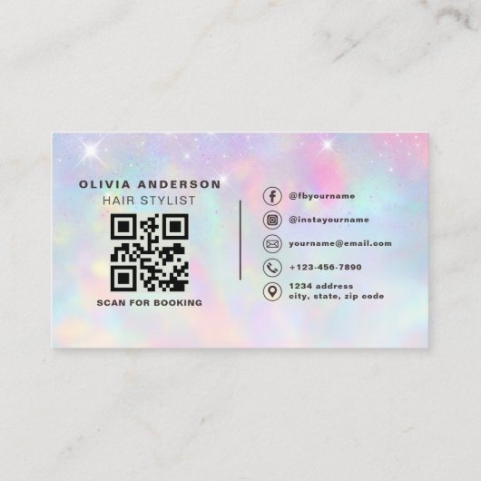Carte De Visite Opal Glitter QR Code Hair Stylist Modern (Dos)