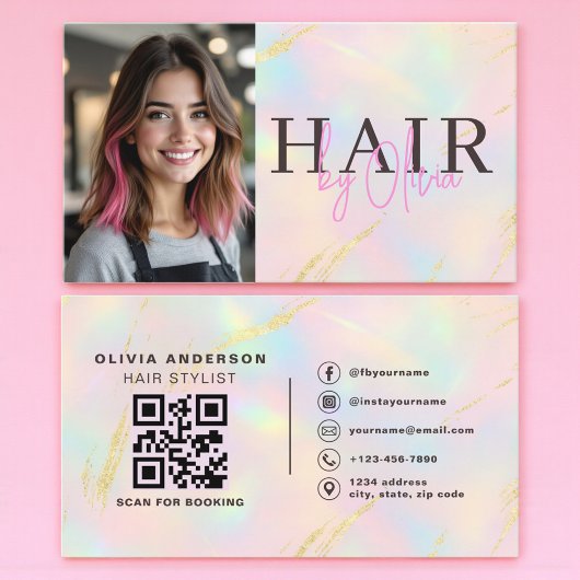 Carte De Visite Opal Gold Glitter Hair Stylist Photo QR Code 