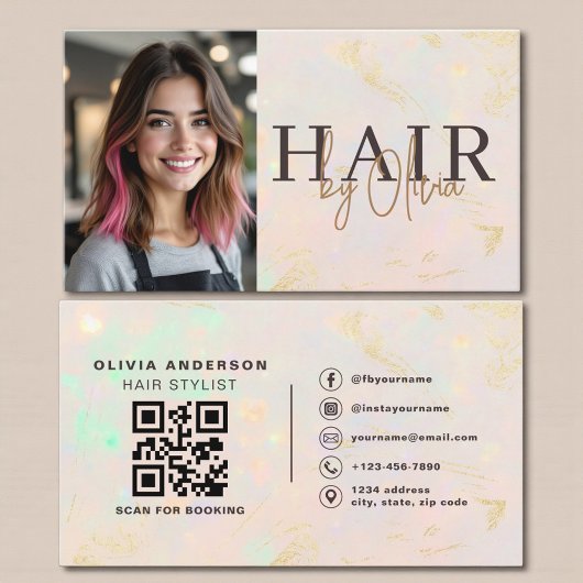 Carte De Visite Opal Hair Stylist Photo QR Code 