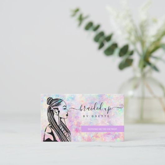 Carte De Visite Opal Holographique Cheveux Braider Braid Salon (Debout devant)