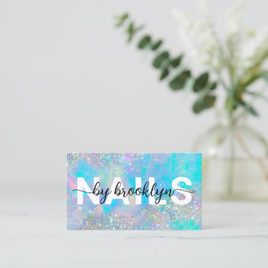 Carte De Visite Opal Holographique Parties scintillant Script Clou (Debout devant)