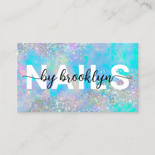 Carte De Visite Opal Holographique Parties scintillant Script Clou (Devant)