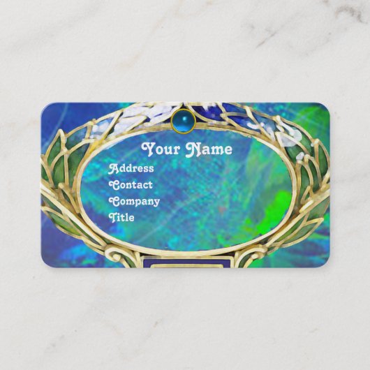 CARTE DE VISITE OPAL VERT BLEU, MONOGRAMME D'OEUVRE D'OR ART NOUVE (Devant)