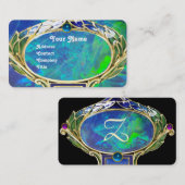 CARTE DE VISITE OPAL VERT BLEU, MONOGRAMME D'OEUVRE D'OR ART NOUVE (Devant / Derrière)