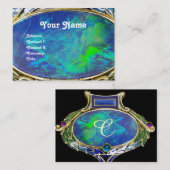 CARTE DE VISITE OPAL VERT BLEU, MONOGRAMME D'OEUVRE D'OR ART NOUVE (Devant / Derrière)