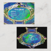 CARTE DE VISITE OPAL VERT BLEU, MONOGRAMME D'OEUVRE D'OR ART NOUVE (Devant / Derrière)