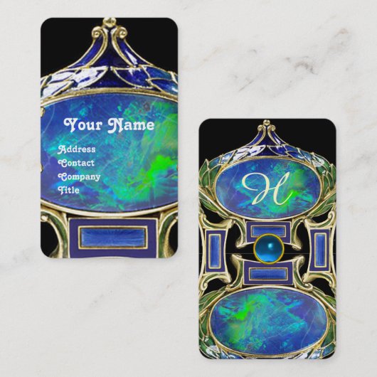 CARTE DE VISITE OPAL VERT BLEU, MONOGRAMME D'OR D'ART NOUVEAU (Devant / Derrière)