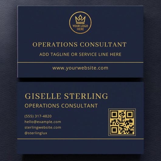 Carte De Visite Operations Consultant Blue Gold Logo QR Code