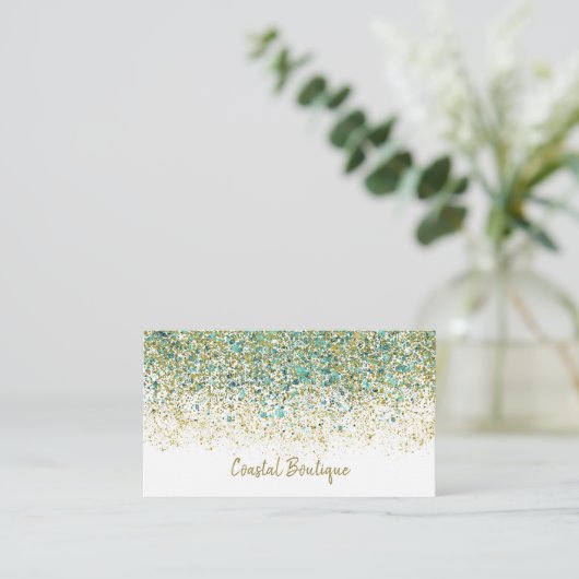 Carte De Visite Or Blanc & Bleu Turquoise Pailleté Glam Moderne Cô (Debout devant)
