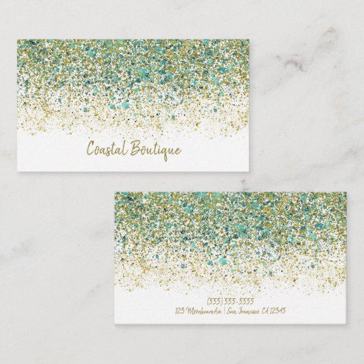Carte De Visite Or Blanc & Bleu Turquoise Pailleté Glam Moderne Cô (Devant / Derrière)