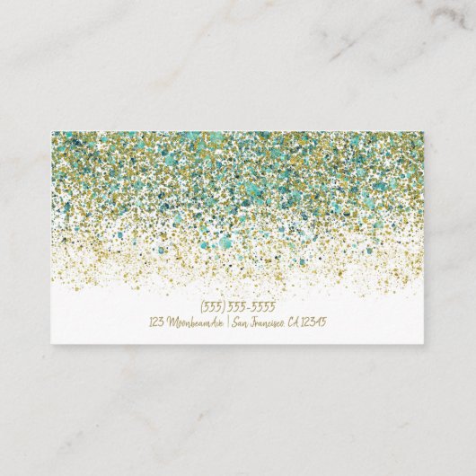 Carte De Visite Or Blanc & Paillettes Bleu Turquoise Glam Moderne (Dos)