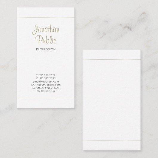 Carte De Visite Or Blanc Stylish Moderne Calligraphie Chic Plain (Devant / Derrière)