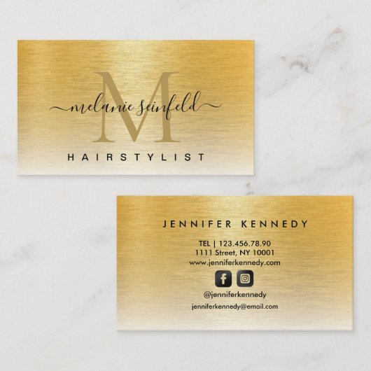 Carte De Visite Or Brossé Métal Élégant Monogramme Script moderne (Devant / Derrière)