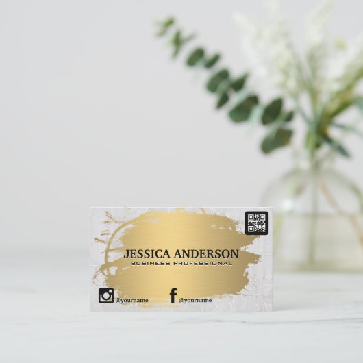 Carte De Visite Or brossé | Pierre de marbre | Code QR (Debout devant)