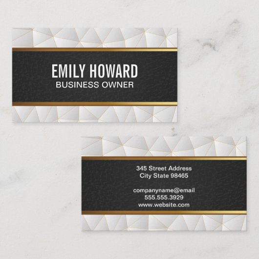 Carte De Visite Or en cuir noir | Triangles géométriques blancs (Devant / Derrière)