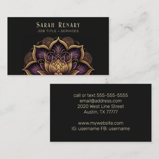 Carte De Visite Or et Améthyste Lotus Flower Black (Devant / Derrière)