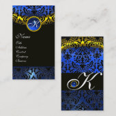 CARTE DE VISITE OR JAUNE NOIR SAPHIRE BLEU DAMASK MONOGRAM (Devant / Derrière)