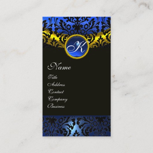 CARTE DE VISITE OR JAUNE NOIR SAPHIRE BLEU DAMASK MONOGRAM (Devant)