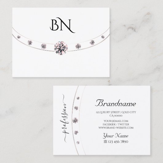 Carte De Visite Or Rose blanche de luxe avec Monogramme et Diamant (Devant / Derrière)