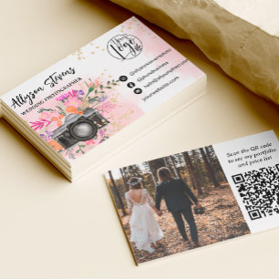 Carte De Visite Or rose floral Photographie logo photo code qr