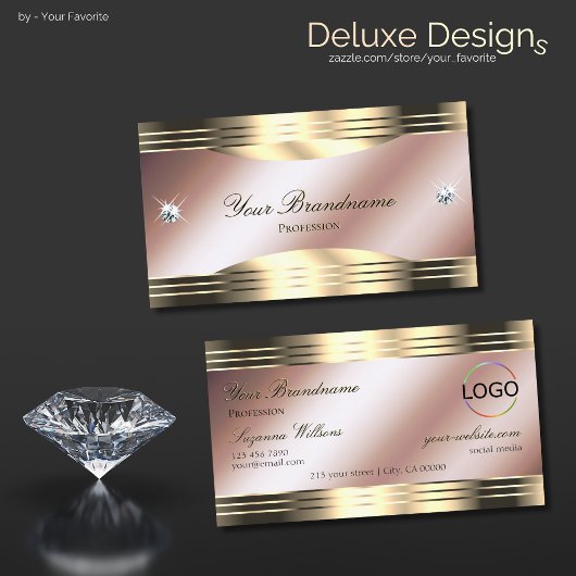 Carte De Visite Or Rose luxueux avec diamants brillants et logo