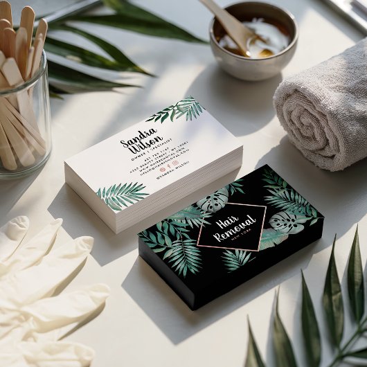 Carte De Visite or rose noir tropical vert aquarelle feuilles