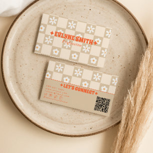 Carte De Visite Orange Beige Rétro Code QR à carreaux Floral Groov