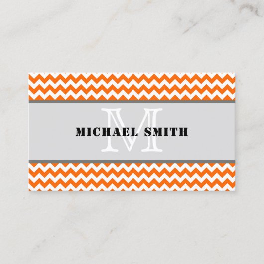 Carte De Visite Orange blanc Chevron Zigzag Monogramme (Devant)