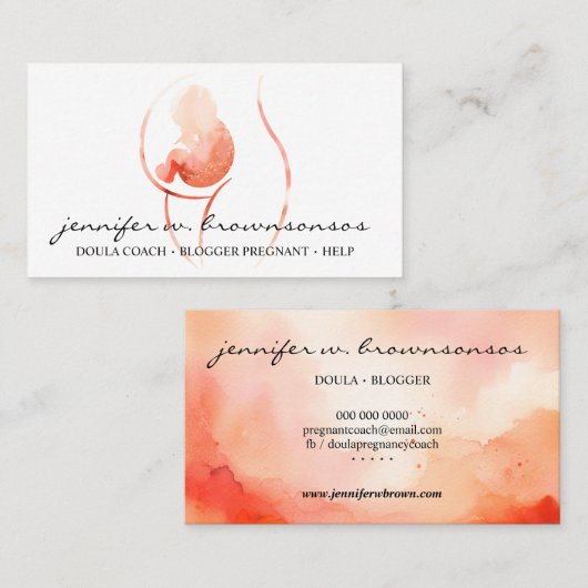 Carte De Visite Orange Doula Naissance Aquarelle Enceinte Naissanc (Devant / Derrière)