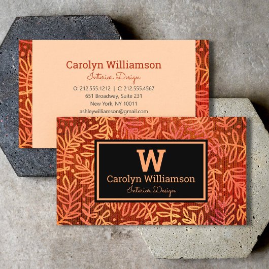 Carte De Visite Orange feuille feuille d'or motif monogramme moder
