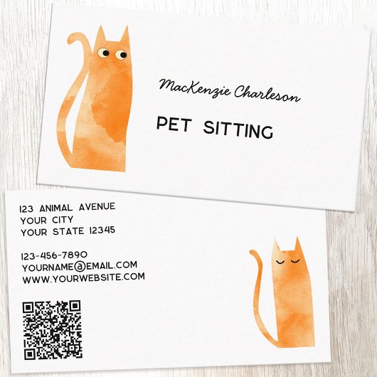 Carte De Visite Orange Ginger Cat QR Code Services aux animaux de 