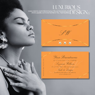 Carte De Visite Orange Gold Décor Bordures Diamants et Monogramme