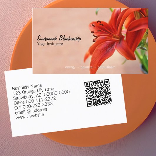 Carte De Visite Orange Lily Photo Yoga Instructeur QR Code personn