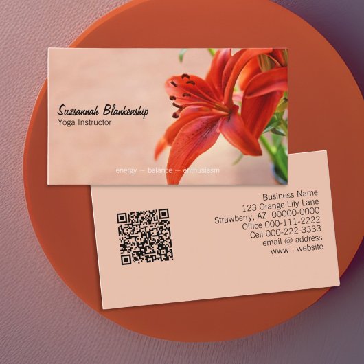 Carte De Visite Orange Lily Photographie Yoga Instructor QR Code