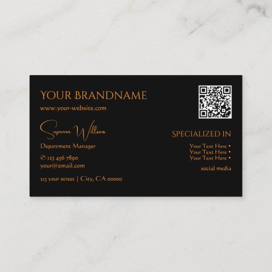 Carte De Visite Orange noir clair moderne avec Monogramme QR-Code (Dos)