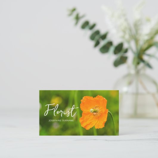 Carte De Visite Orange Poppy Flower Summer Green Photo Florist (Debout devant)