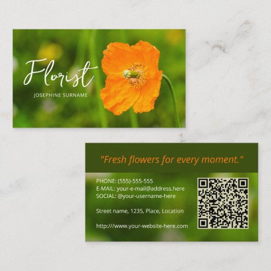 Carte De Visite Orange Poppy Flower Summer Green Photo Florist (Devant / Derrière)