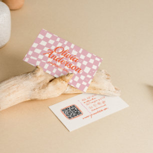 Carte De Visite Orange rose rétro À damiers Super fille QR Code